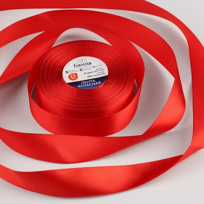 Лента атласная, 25 мм, 33±2 м, красная