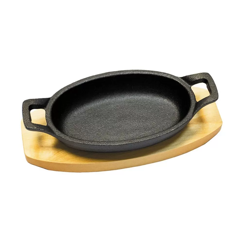 Сковорода чугунная овальная 15*10 см, на деревянной подставке, P.L. — Proff Chef Line